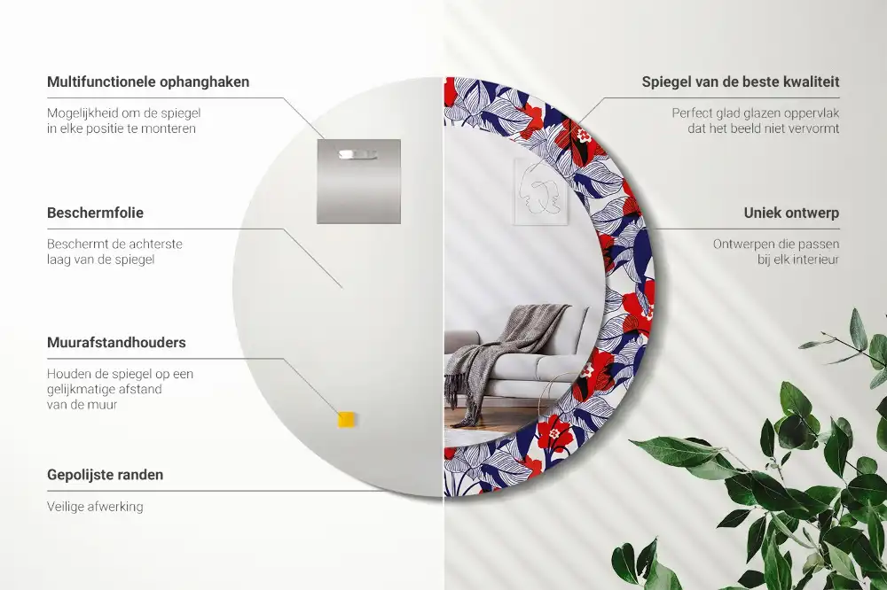 Rund spegel med tryckt Filodendron