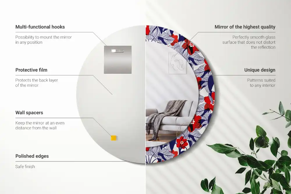 Rund spegel med tryckt Filodendron