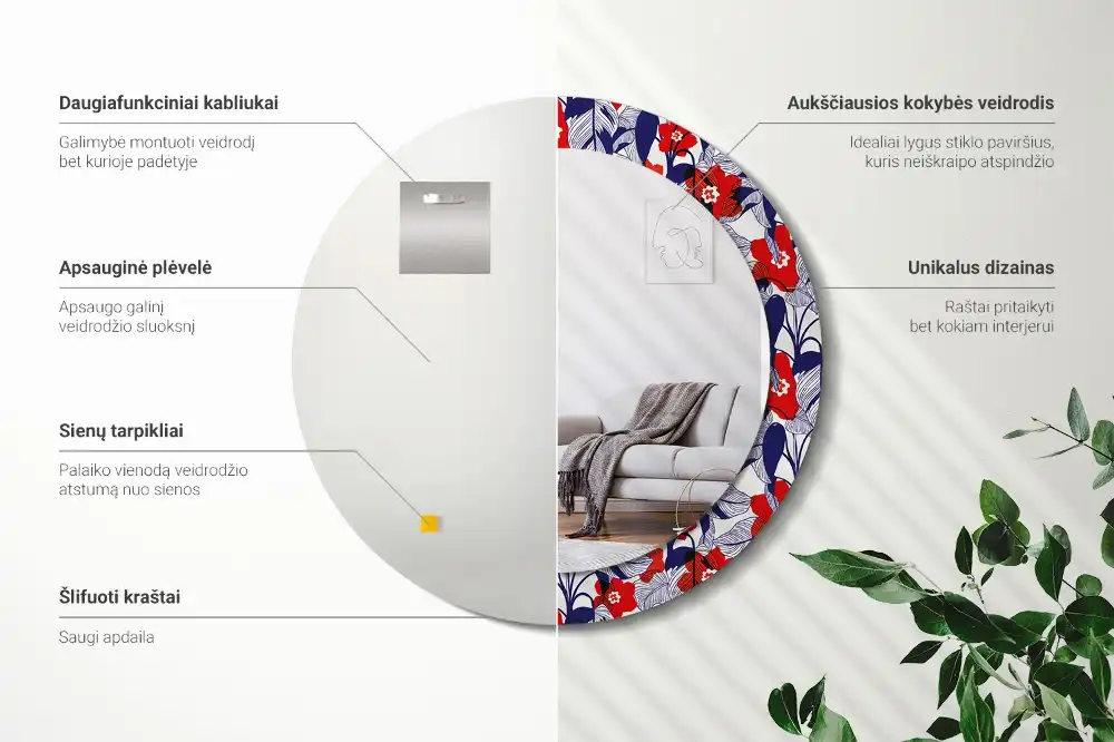 Rund spegel med tryckt Filodendron