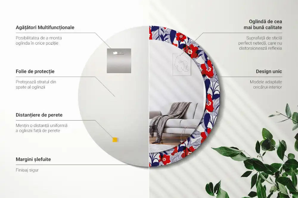 Rund spegel med tryckt Filodendron