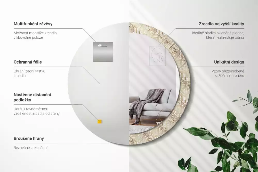 Rund spegel med tryckt ram Art déco-komposition
