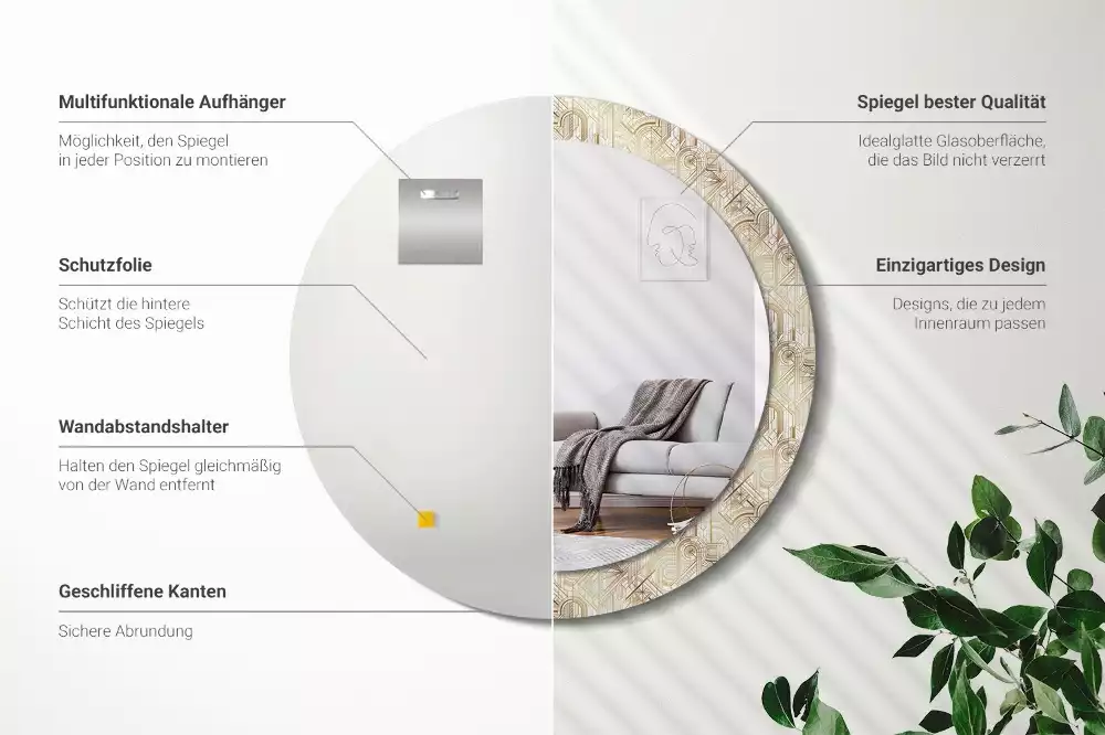 Rund spegel med tryckt ram Art déco-komposition