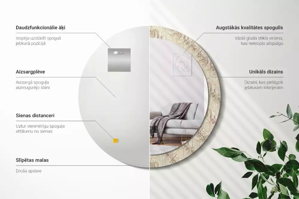 Rund spegel med tryckt ram Art déco-komposition