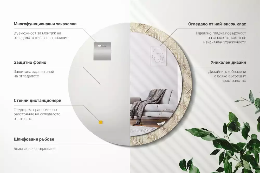 Rund spegel med tryckt ram Art déco-komposition