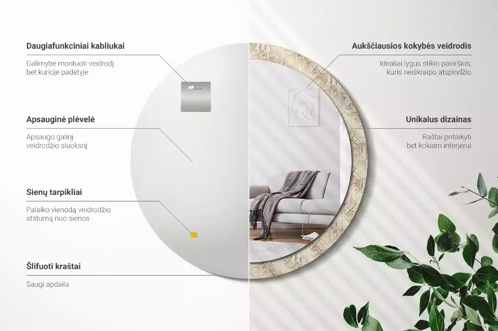 Rund spegel med tryckt ram Art déco-komposition