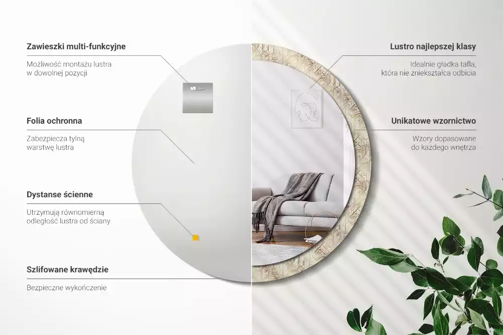 Rund spegel med tryckt ram Art déco-komposition