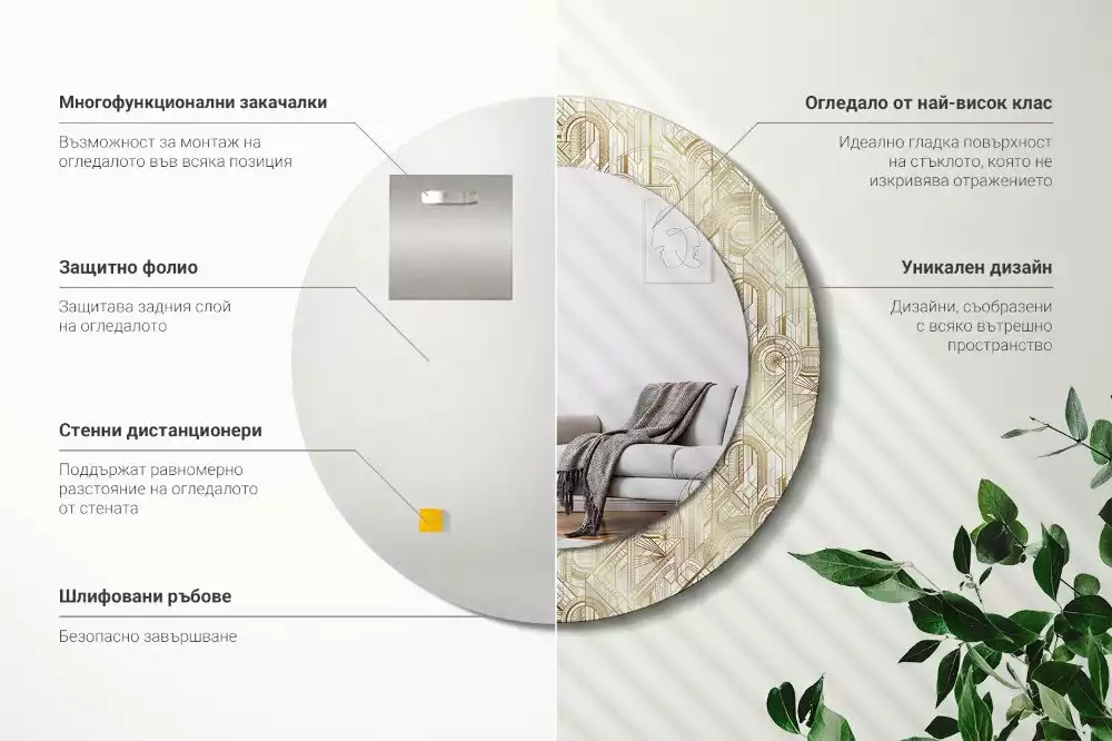 Rund spegel med tryckt ram Art déco-komposition