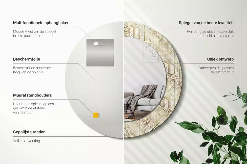 Rund spegel med tryckt ram Art déco-komposition