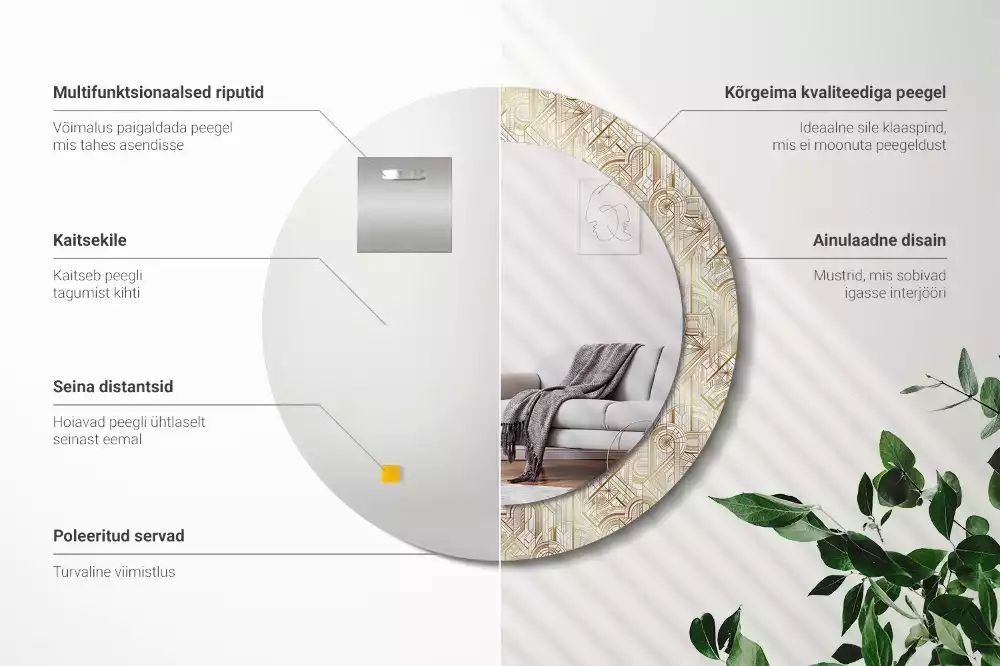 Rund spegel med tryckt ram Art déco-komposition