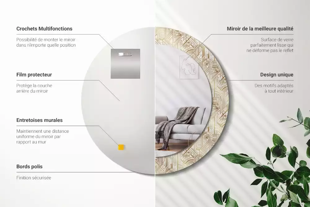 Rund spegel med tryckt ram Art déco-komposition