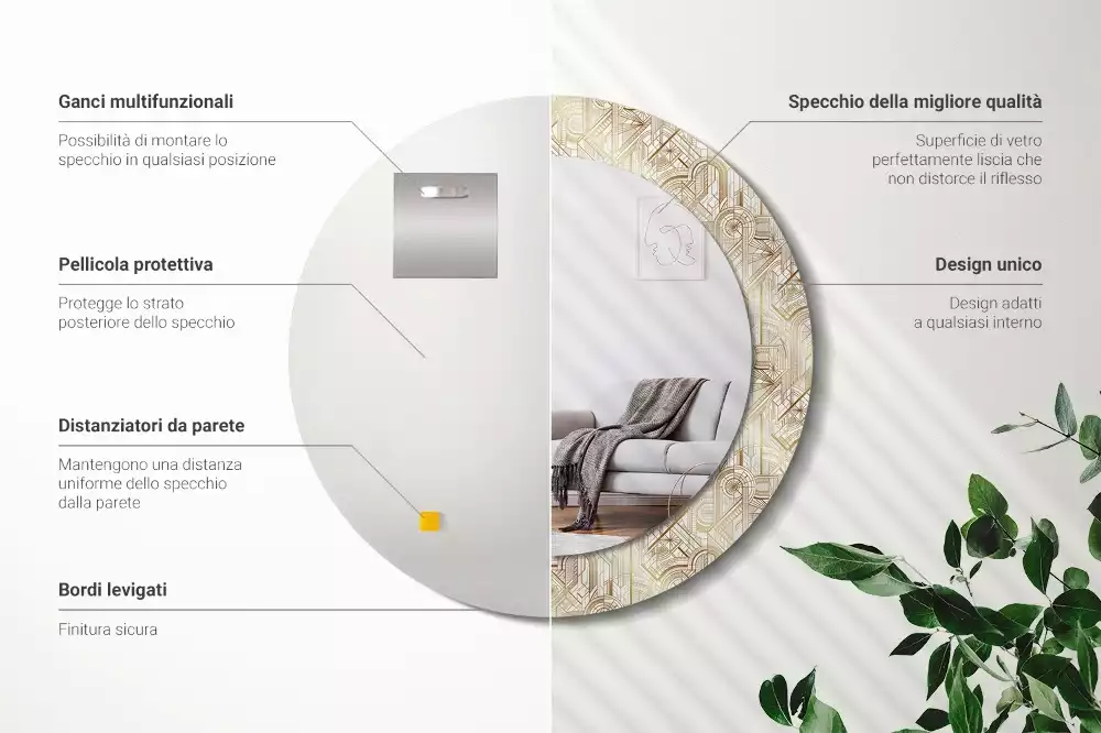 Rund spegel med tryckt ram Art déco-komposition