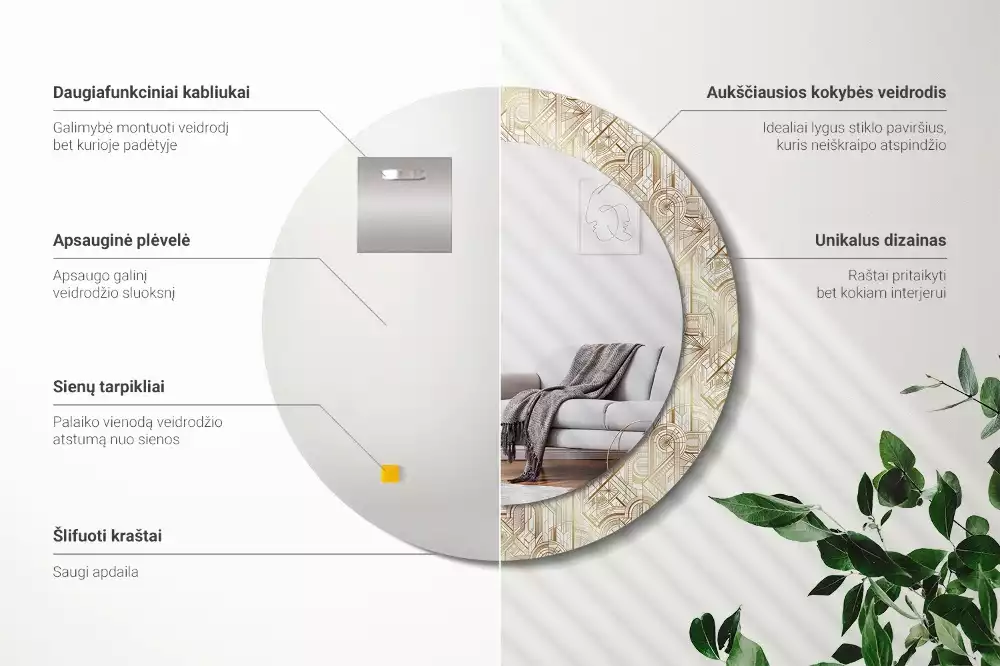 Rund spegel med tryckt ram Art déco-komposition