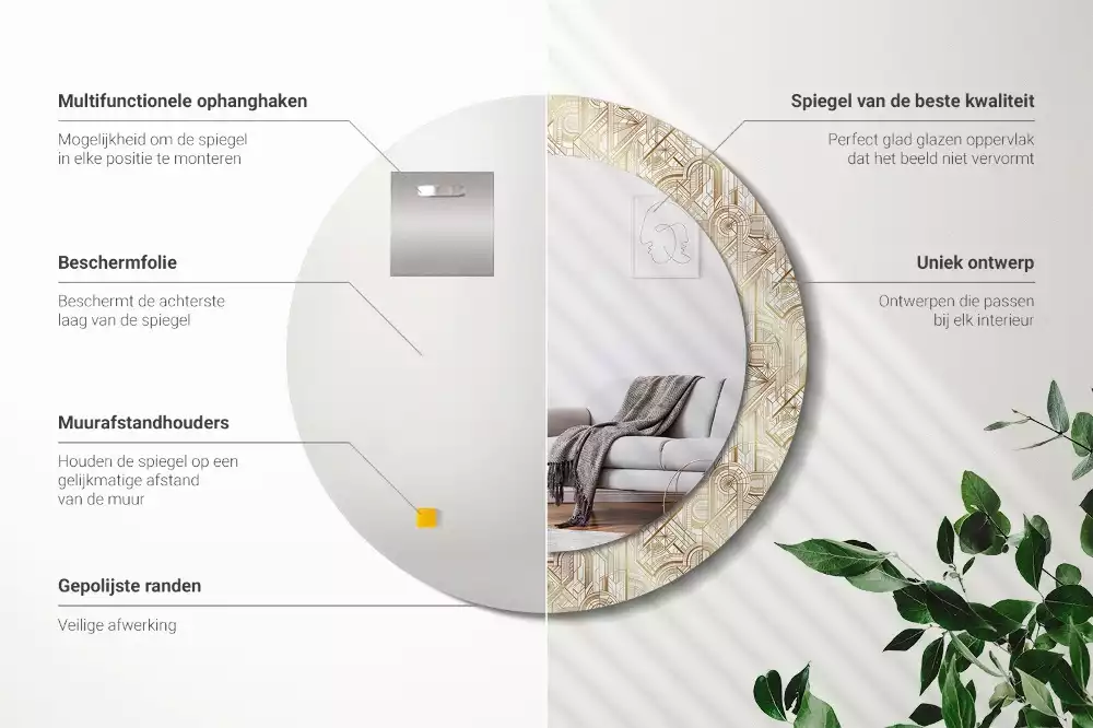 Rund spegel med tryckt ram Art déco-komposition