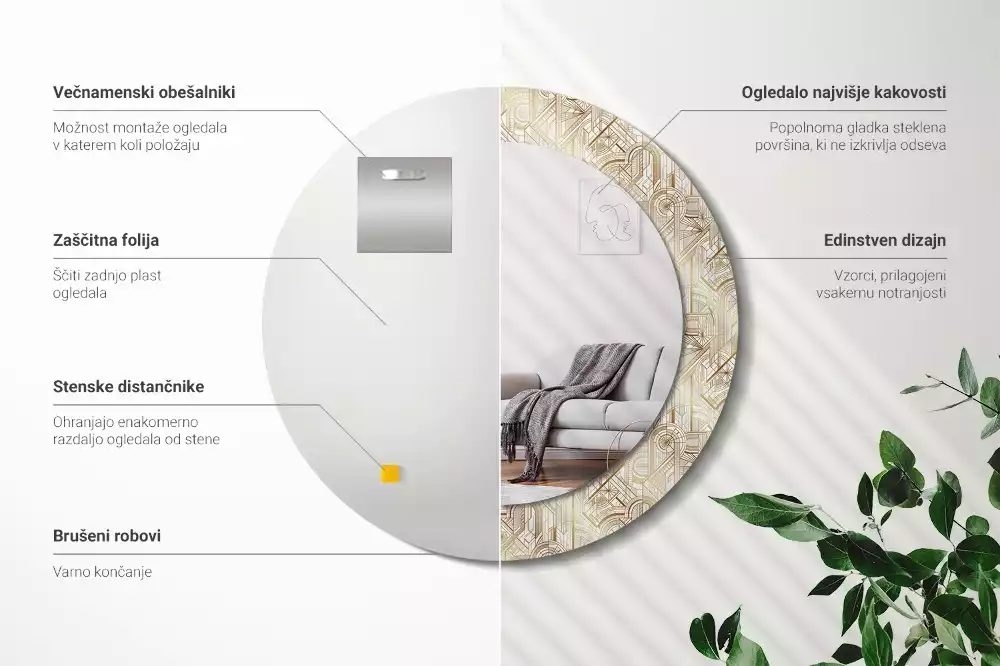 Rund spegel med tryckt ram Art déco-komposition