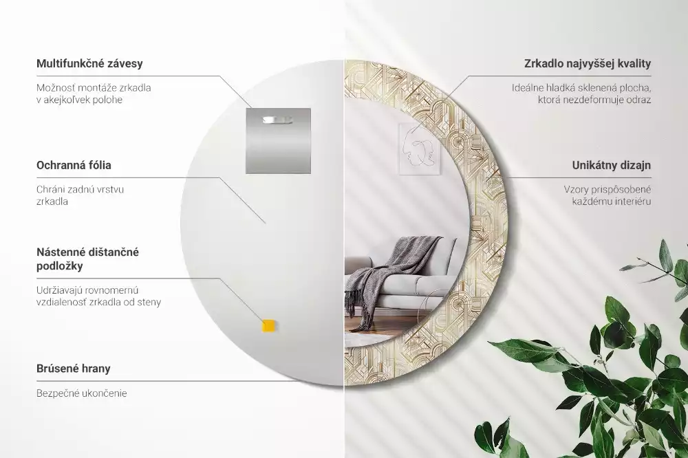 Rund spegel med tryckt ram Art déco-komposition