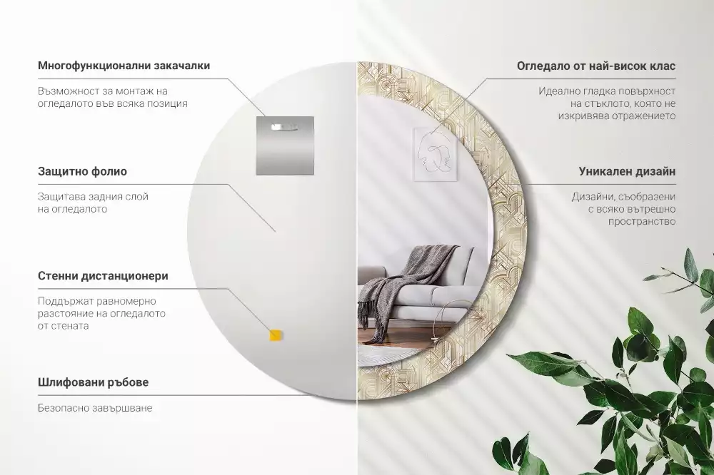 Rund spegel med tryckt ram Art déco-komposition