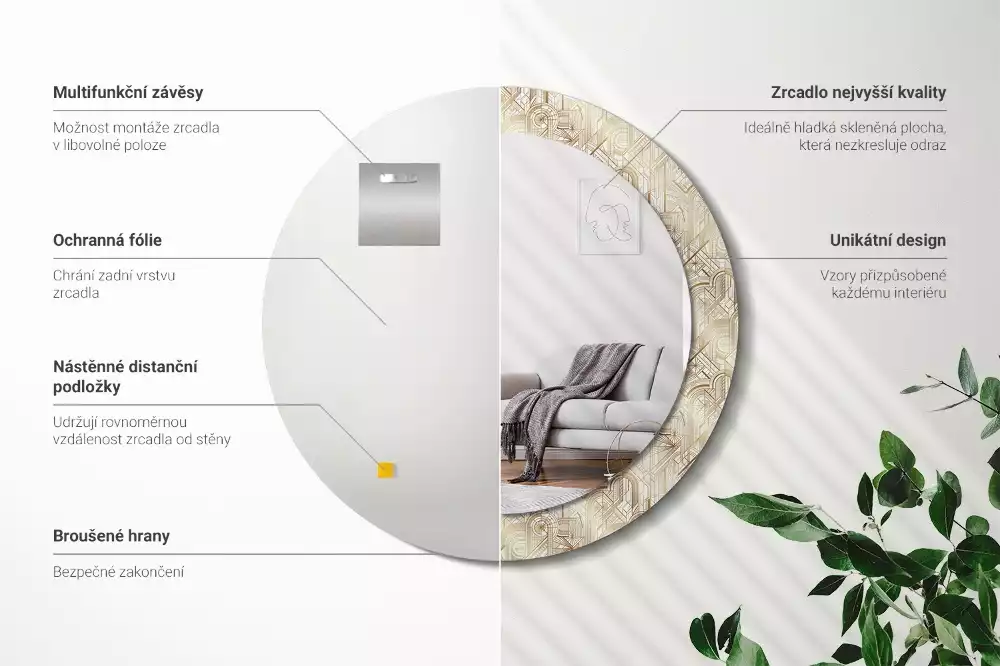 Rund spegel med tryckt ram Art déco-komposition
