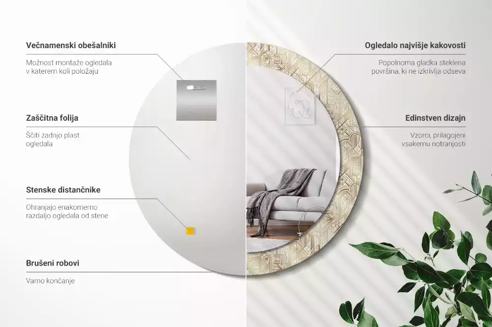 Rund spegel med tryckt ram Art déco-komposition