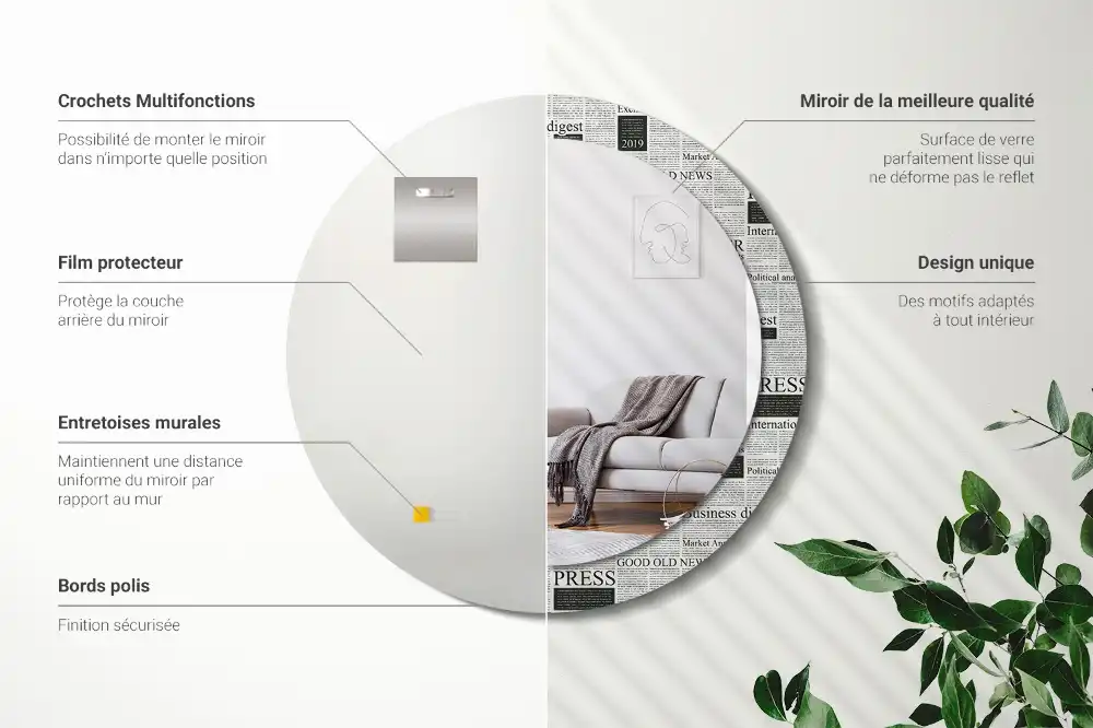 Rund spegel med tryckt Tidningar