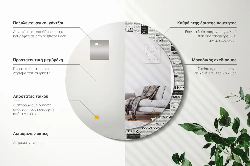 Rund spegel med tryckt Tidningar