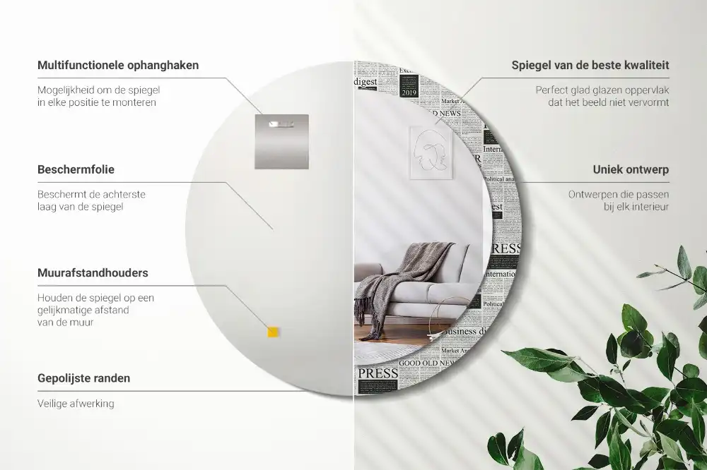 Rund spegel med tryckt Tidningar