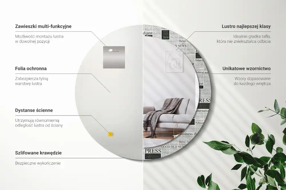 Rund spegel med tryckt Tidningar