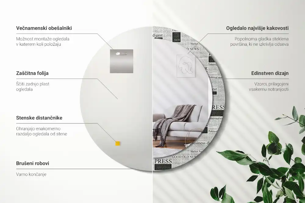 Rund spegel med tryckt Tidningar