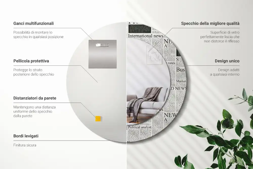 Rund spegel med tryckt Tidningar