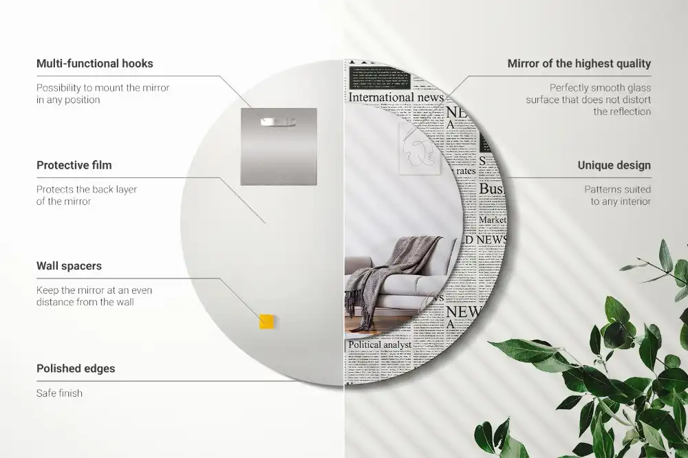 Rund spegel med tryckt Tidningar