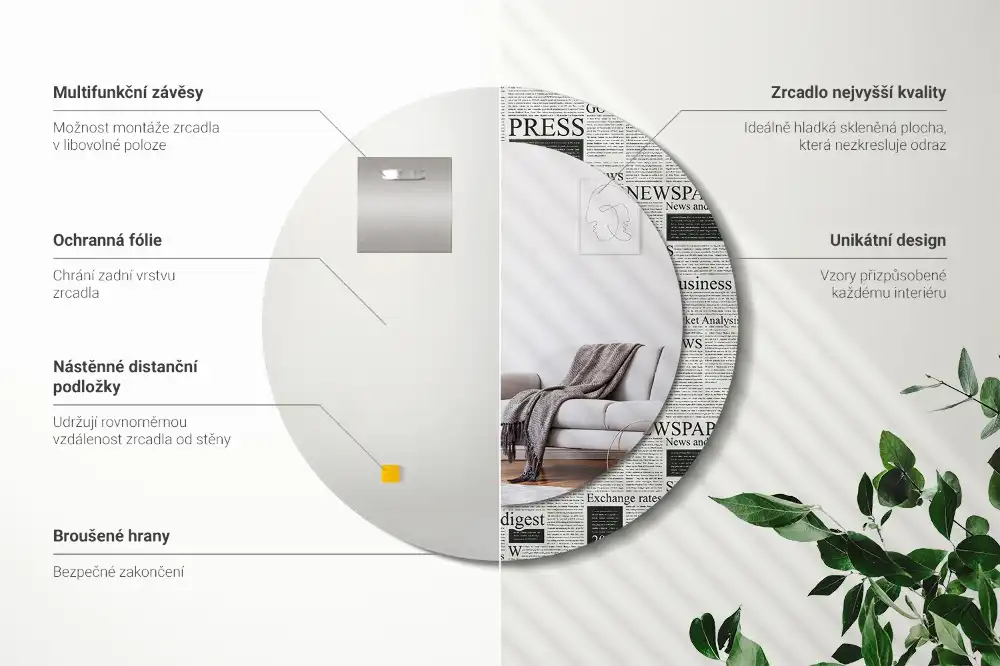 Rund spegel med tryckt Tidningar