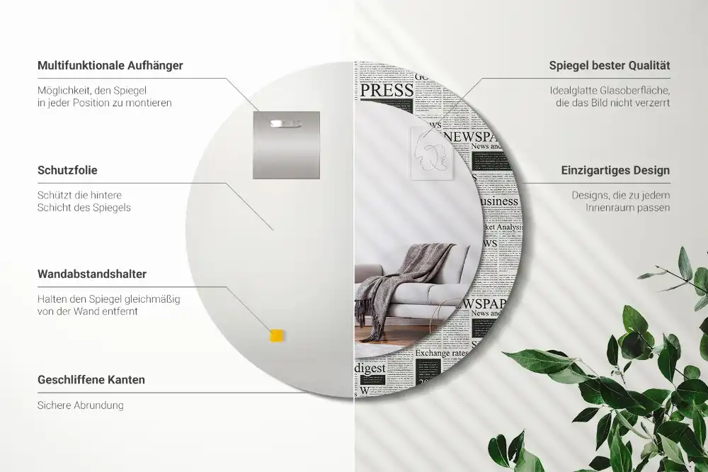 Rund spegel med tryckt Tidningar