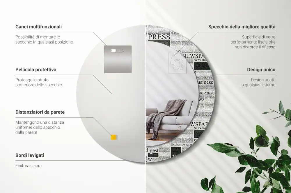 Rund spegel med tryckt Tidningar