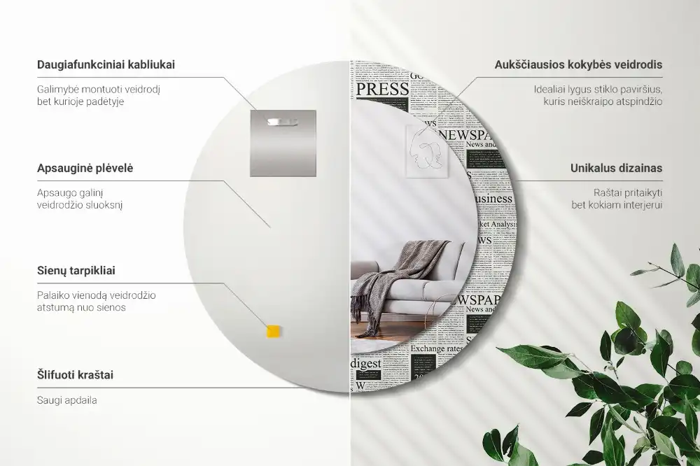 Rund spegel med tryckt Tidningar