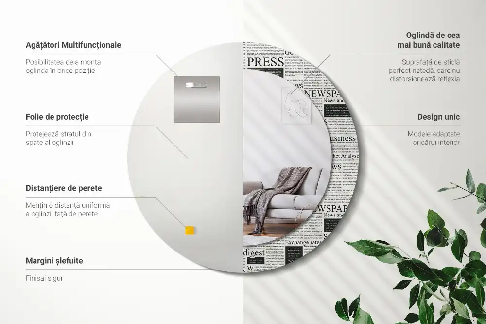 Rund spegel med tryckt Tidningar