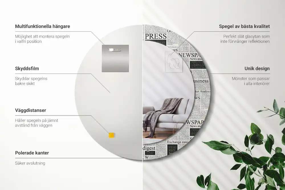 Rund spegel med tryckt Tidningar