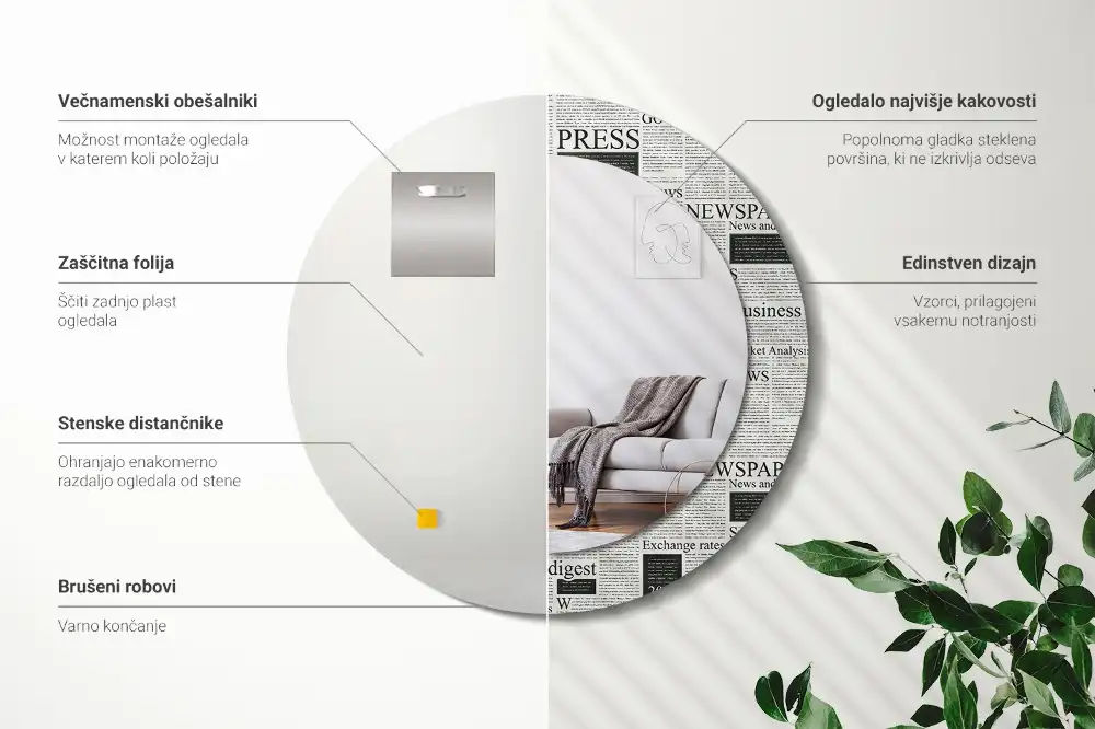 Rund spegel med tryckt Tidningar