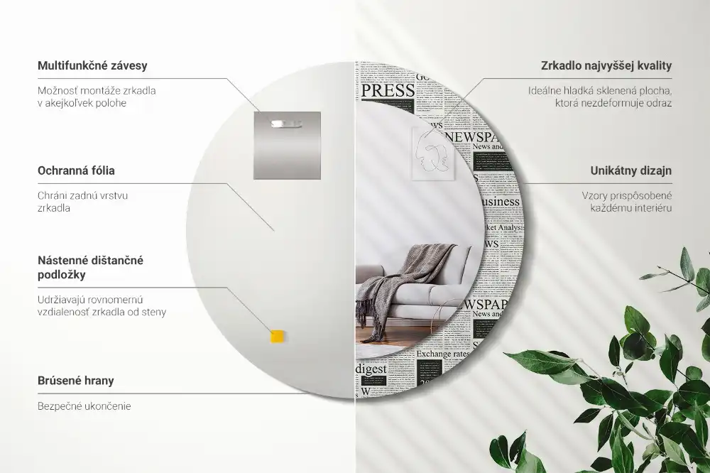 Rund spegel med tryckt Tidningar