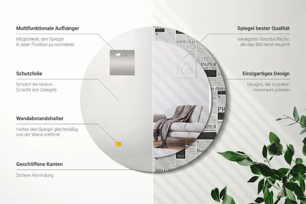 Rund spegel med tryckt Tidningar