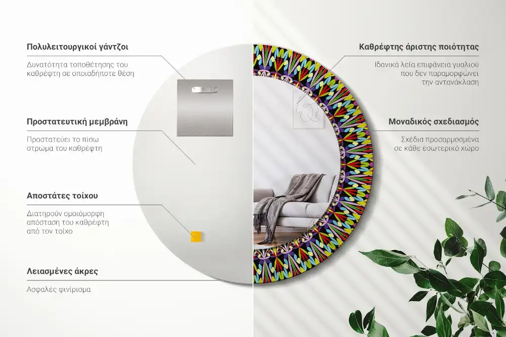 Rund spegel med tryckt Mandala mönster