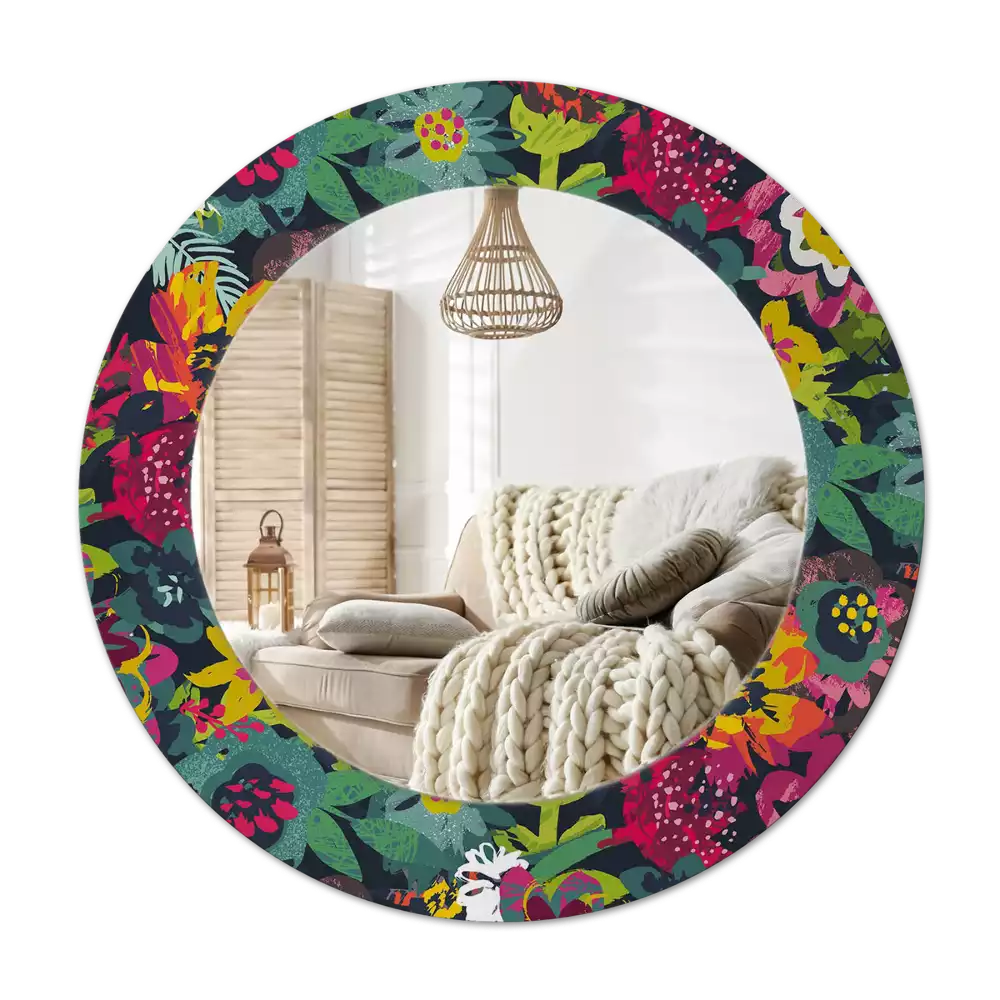 Rond spegel med tryckt ram Målade blommor