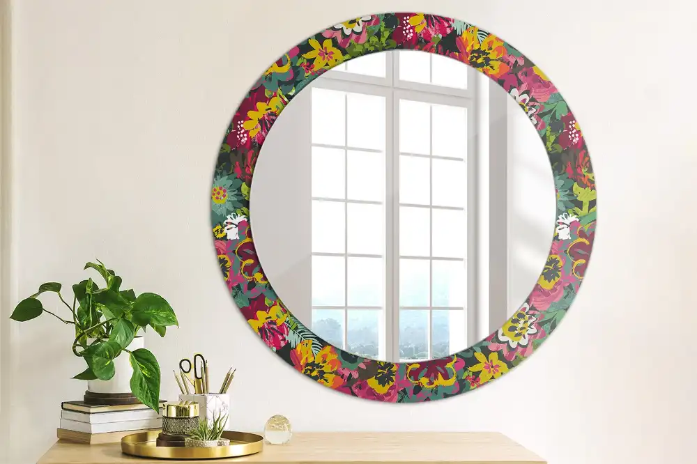 Rund spegel med tryckt ram Målade blommor