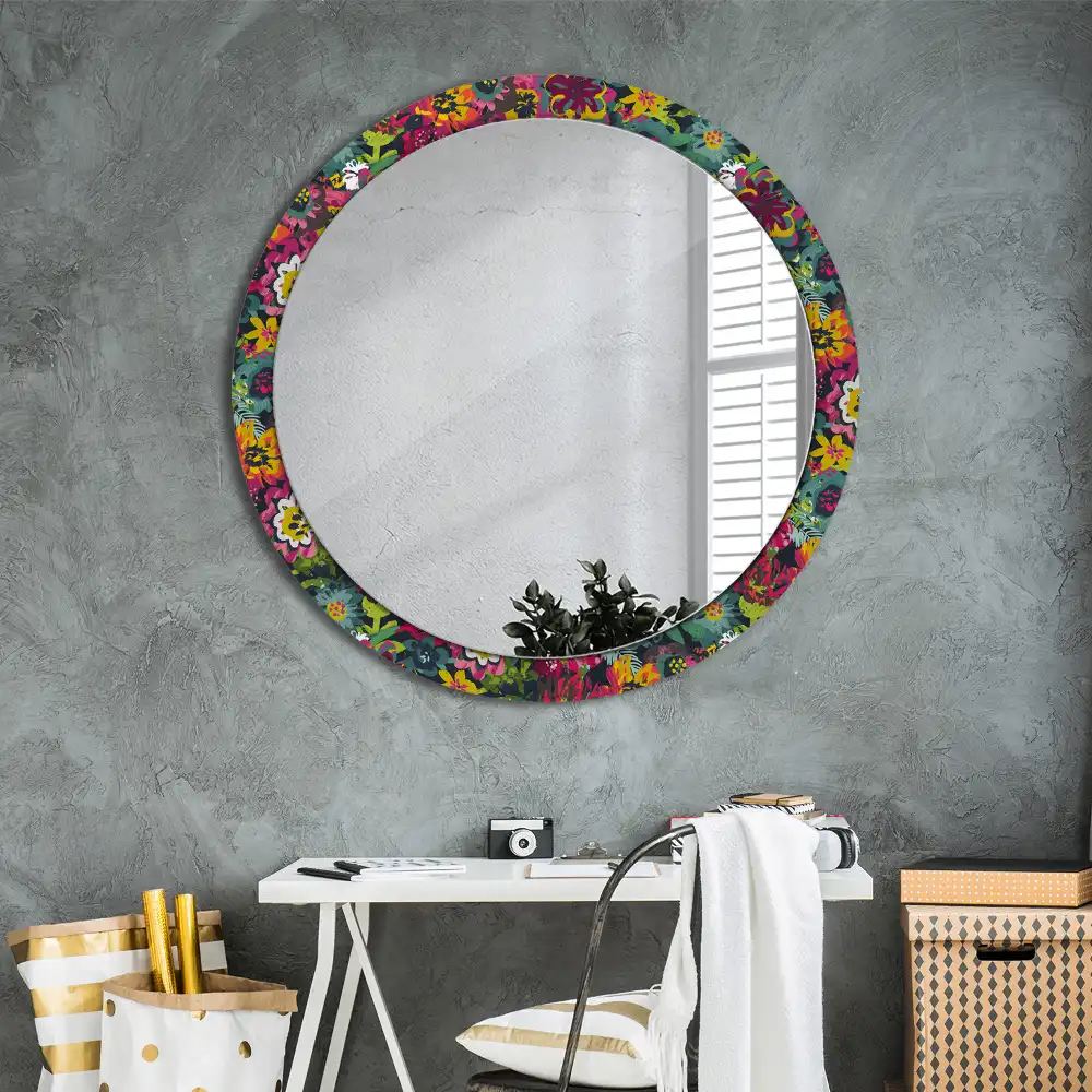 Rund spegel med tryckt ram Målade blommor