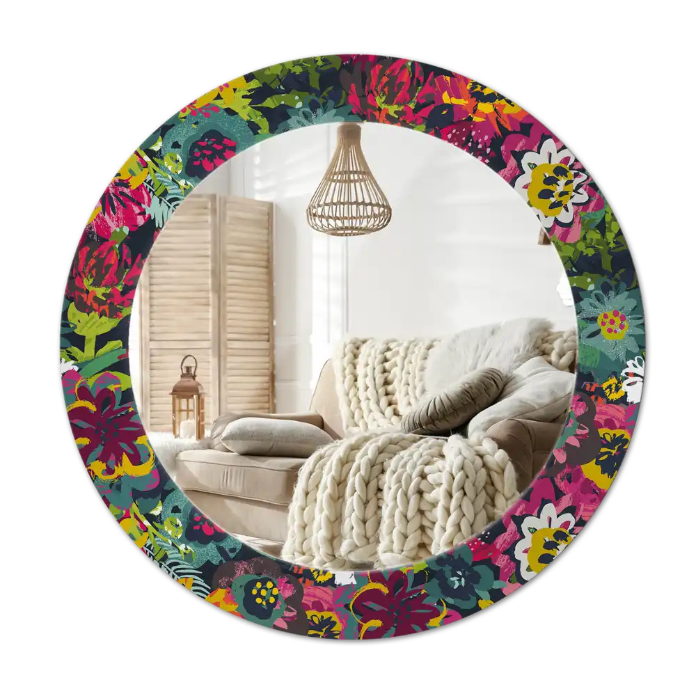 Rund spegel med tryckt ram Målade blommor