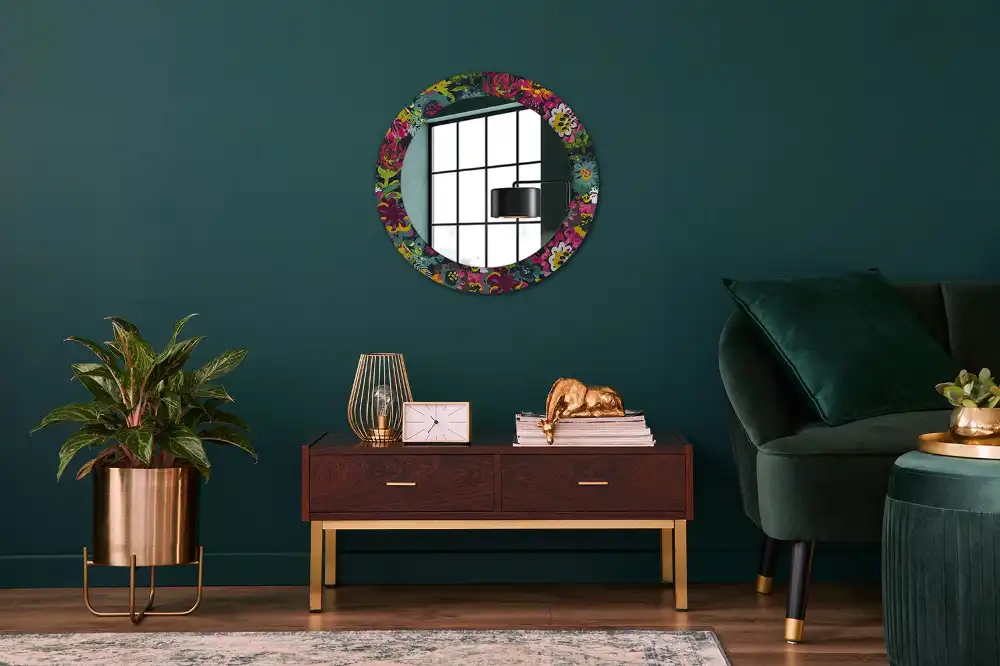 Rund spegel med tryckt ram Målade blommor