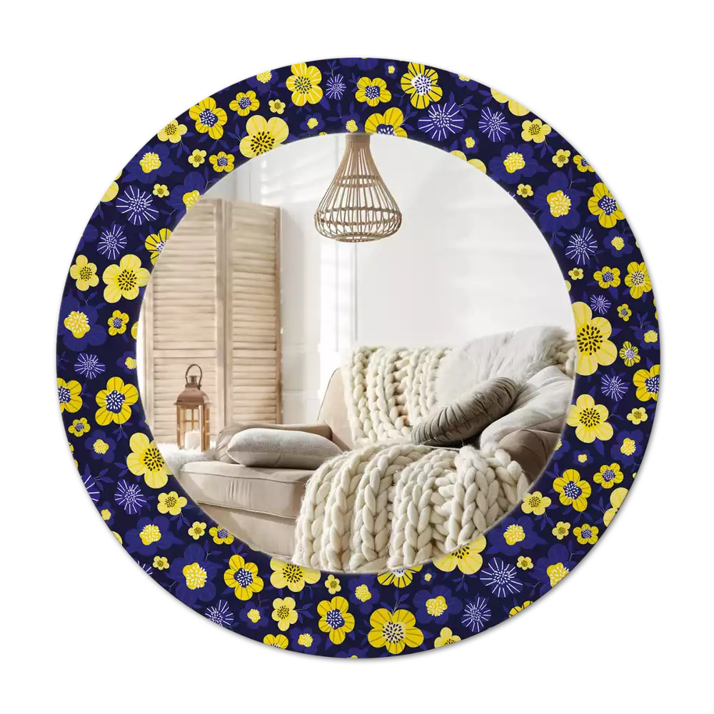 Rund spegel med tryckt ram Små blommor