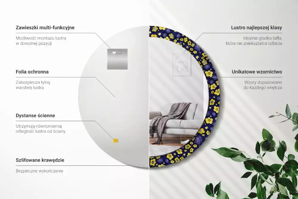 Rund spegel med tryckt ram Små blommor