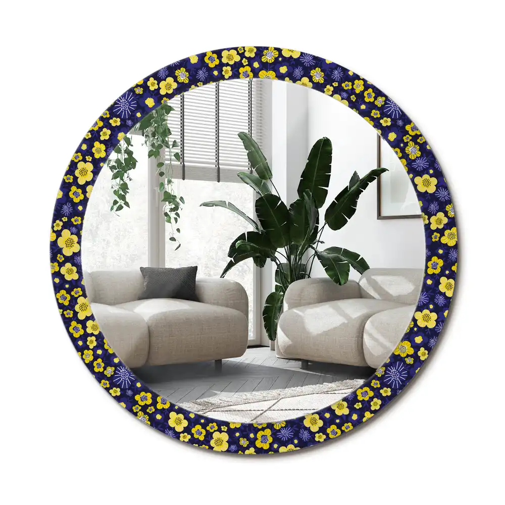 Rund spegel med tryckt ram Små blommor