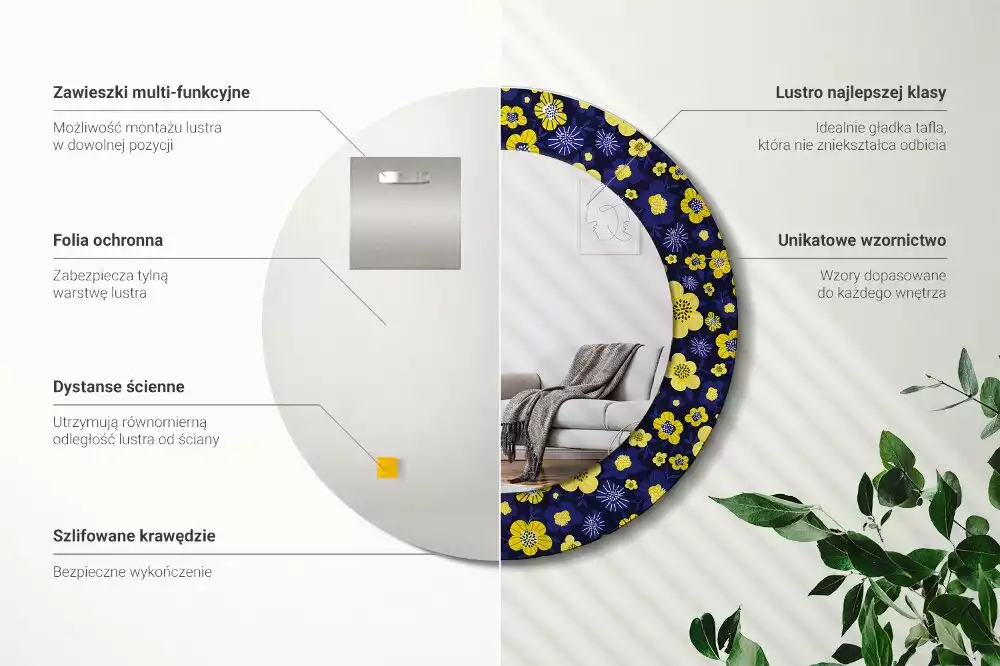 Rund spegel med tryckt ram Små blommor