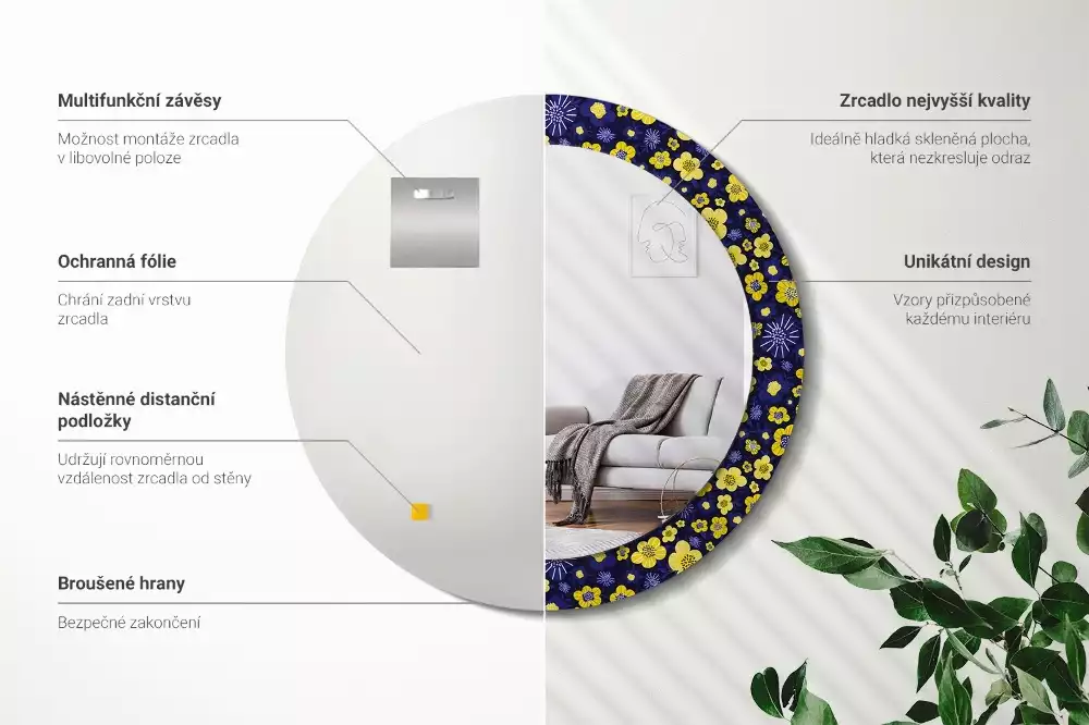 Rund spegel med tryckt ram Små blommor