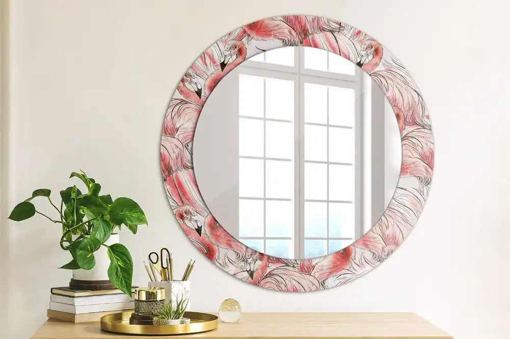 Rund spegel med tryckt Flamingos